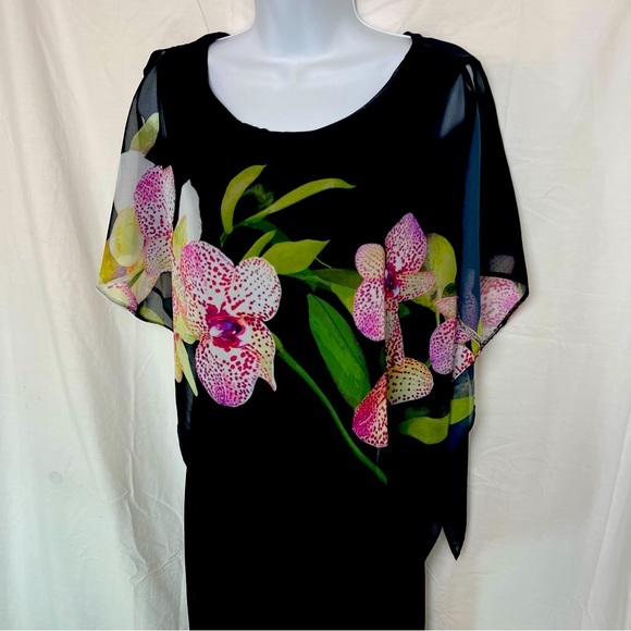Venus Black Sheath‎ Dress with Large Pink Orchids Sheer Fabric Sleeveless Medium - Picture 5 of 12